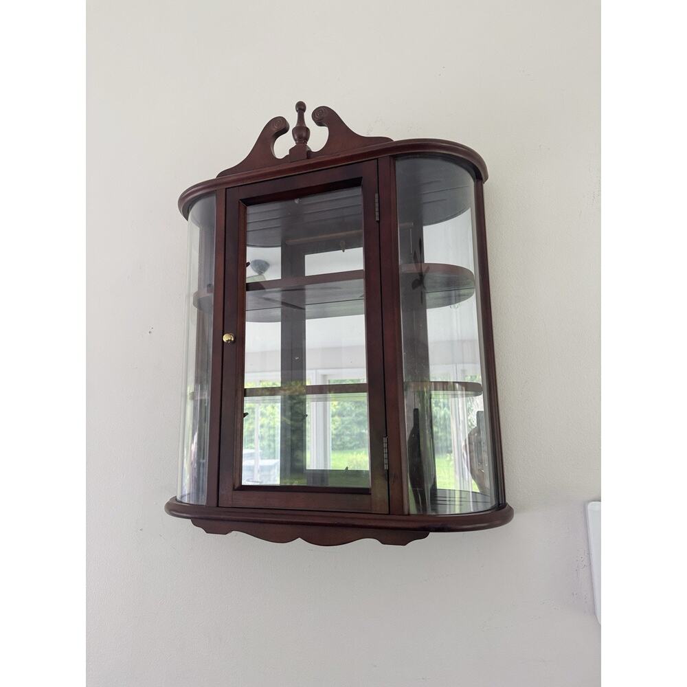 Vintage Wooden Wall Hanging Curio Cabinet Curved Glass Mirrored Back 25x20x6”